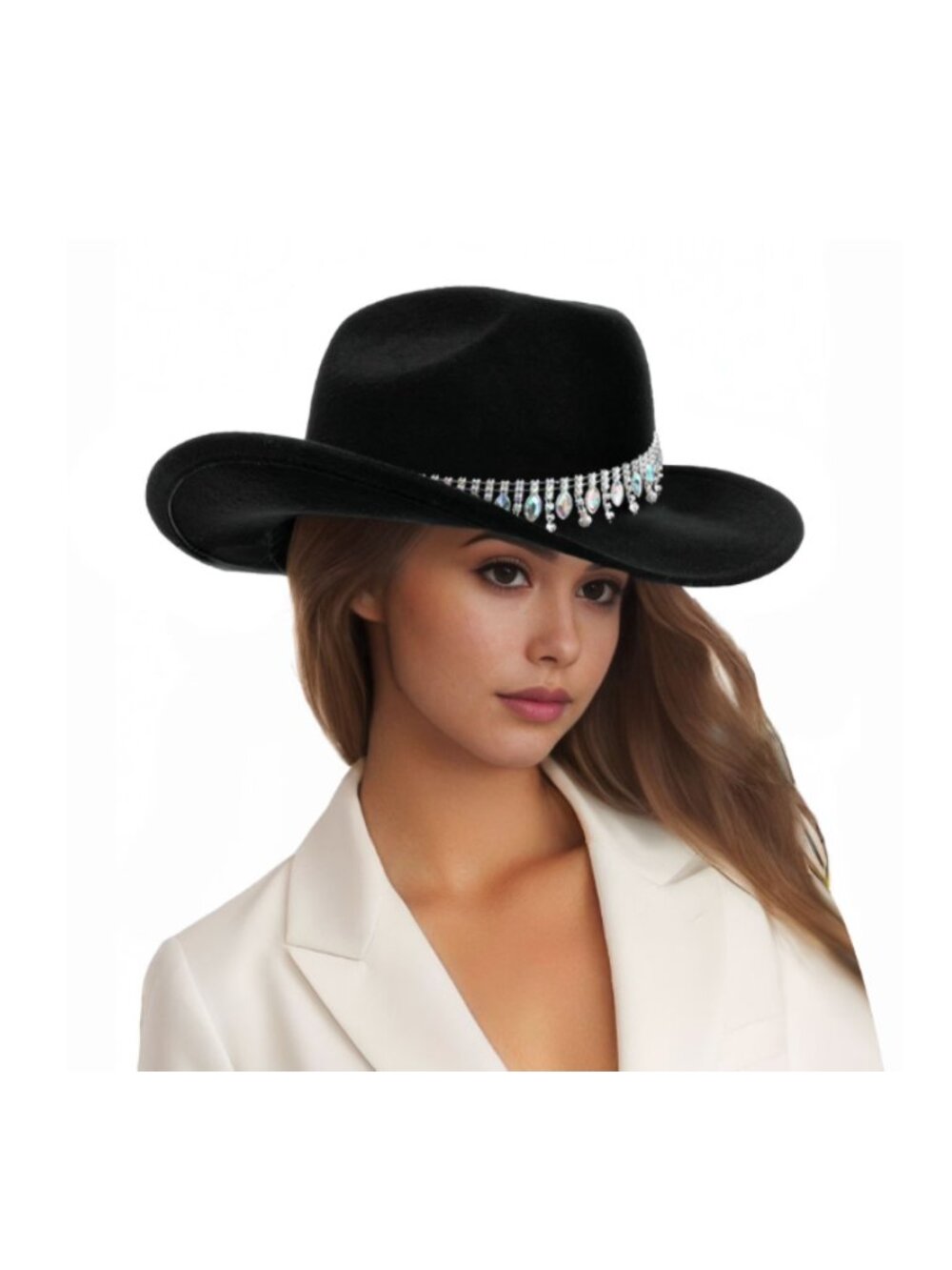 Black Rhinestone Cowgirl Hat Western Felt Rodeo Fedora with Bling Crystal Band